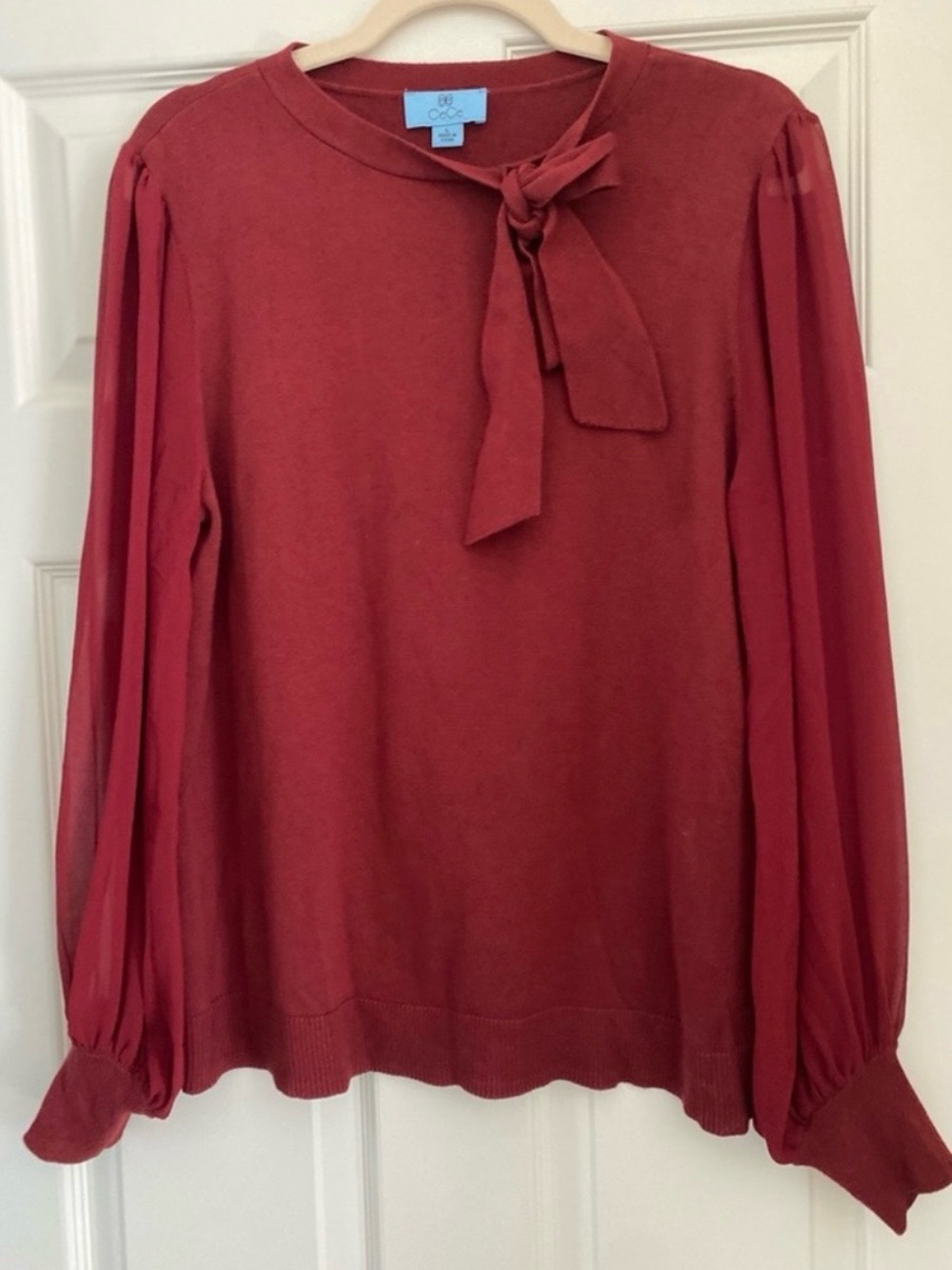 CeCe Burgundy Bow Neck Sweater Sheer Balloon Sleeves Size L